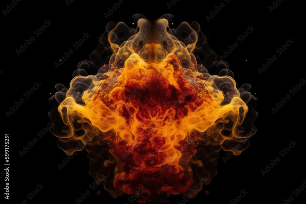 Fluid kaleidoscope. Paint water. Ink drop. Yellow red orange color smoke cloud explosion symmetrical pattern on dark black glitter texture abstract background Fluid kaleidoscope. Paint water. Ink drop. Yellow red orange color smoke cloud explosion symmetrical pattern on dark black glitter texture abstract background