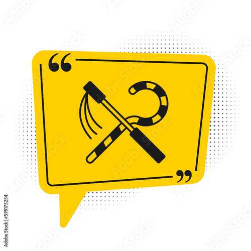 Black Crook and flail icon isolated on white background. Ancient Egypt symbol. Scepters of egypt. Yellow speech bubble symbol. Vector