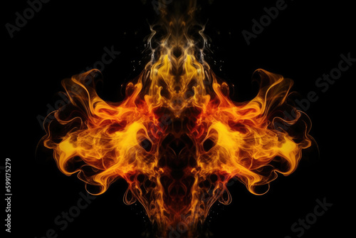 Fluid kaleidoscope. Paint water. Ink drop. Yellow red orange color smoke cloud explosion symmetrical pattern on dark black glitter texture abstract background