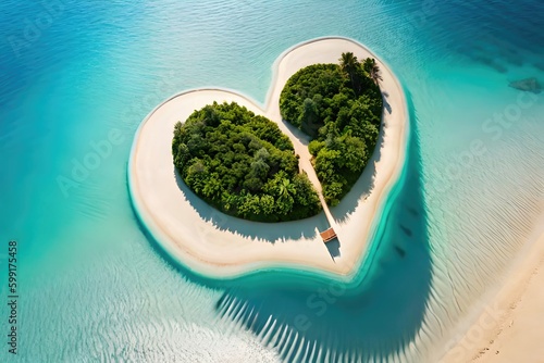Tropical Island in the Shape of a Love Heart. Aerial Perspective, Vacation Concept. Generated by AI 