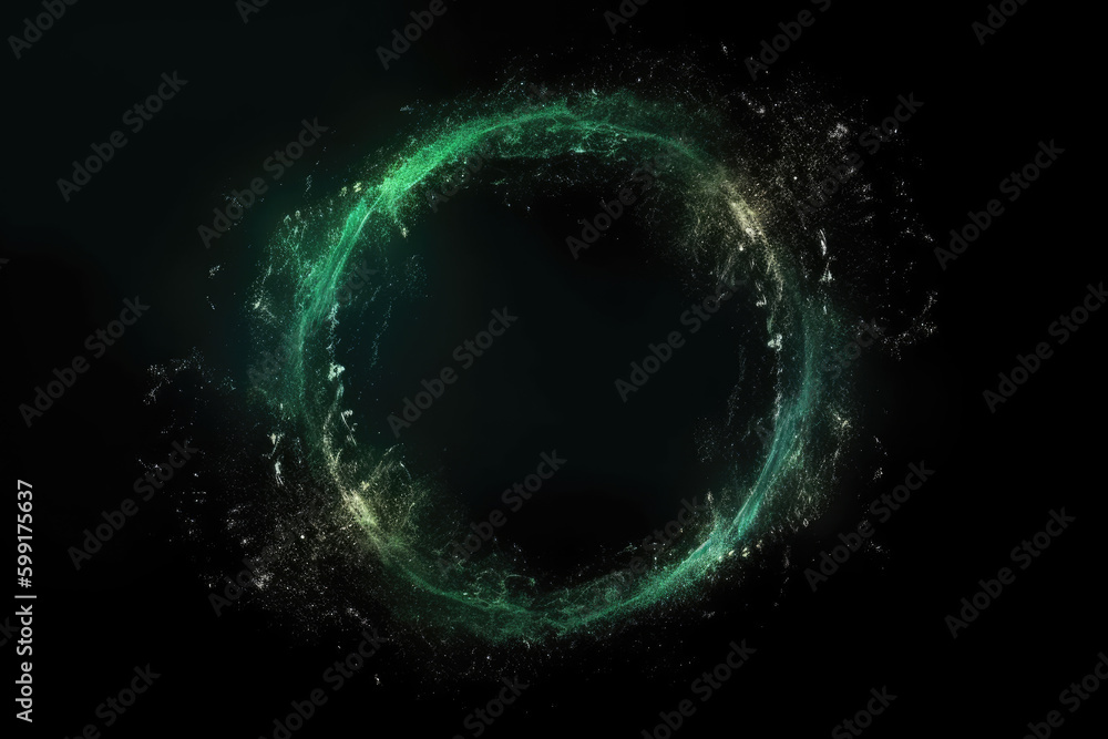 Glitter mist. Circle frame. Mystic vortex. Green color sparkling dust particles floating motion in round smoke swirl on dark black abstract reveal background - obrazy, fototapety, plakaty 