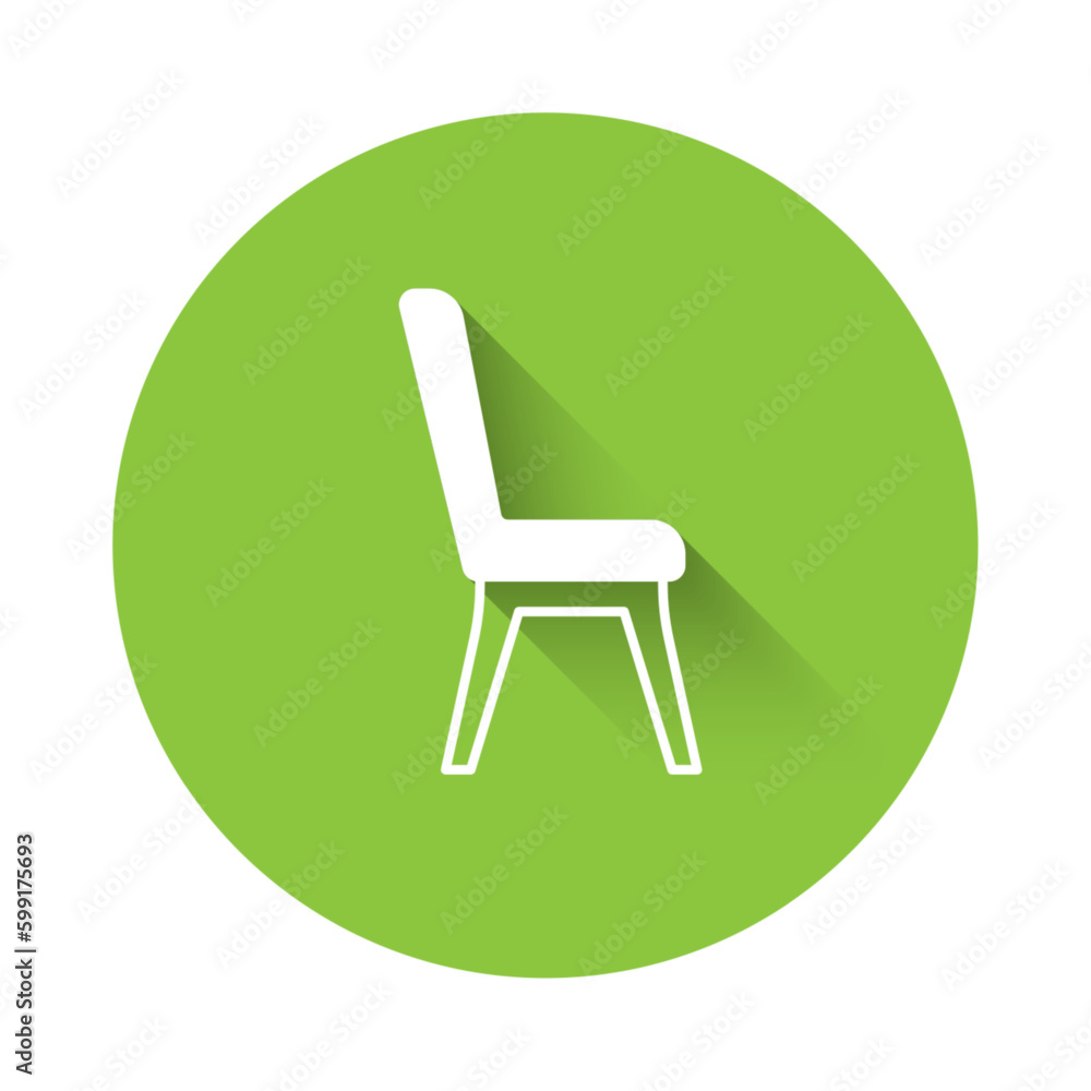 White Chair icon isolated with long shadow background. Green circle button. Vector White Chair icon isolated with long shadow background. Green circle button. Vector