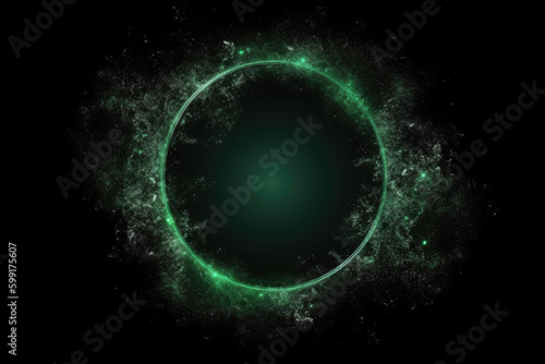 Glitter mist. Circle frame. Mystic vortex. Green color sparkling dust particles floating motion in round smoke swirl on dark black abstract reveal background