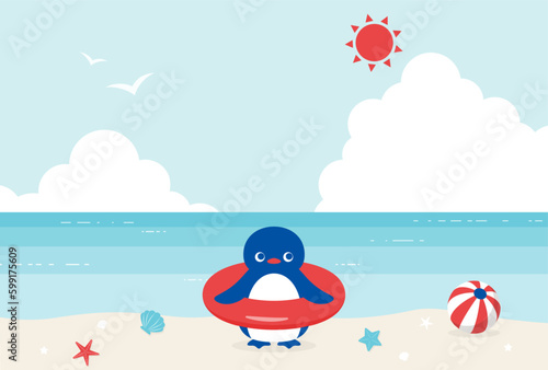 summer vector background with a penguin on the beach for banners, cards, flyers, social media wallpapers, etc.