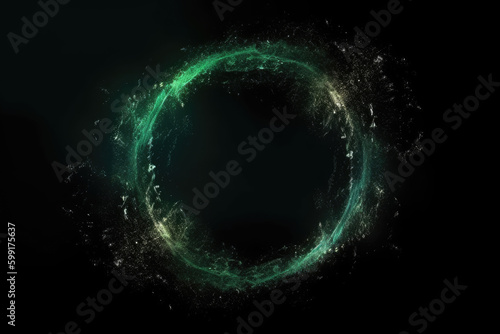 Glitter mist. Circle frame. Mystic vortex. Green color sparkling dust particles floating motion in round smoke swirl on dark black abstract reveal background