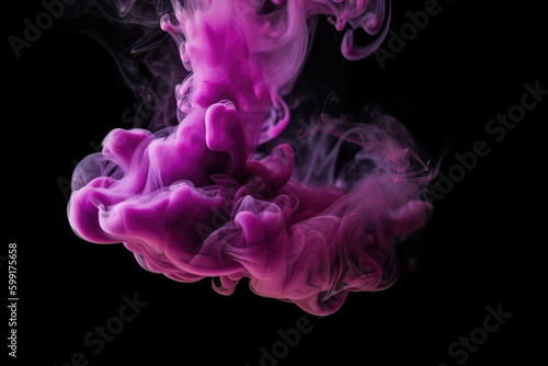 Ink splash. Color smoke. Paint water. Fantasy magic. Purple pink color glossy fume cloud dust particles on dark black abstract art background with free space