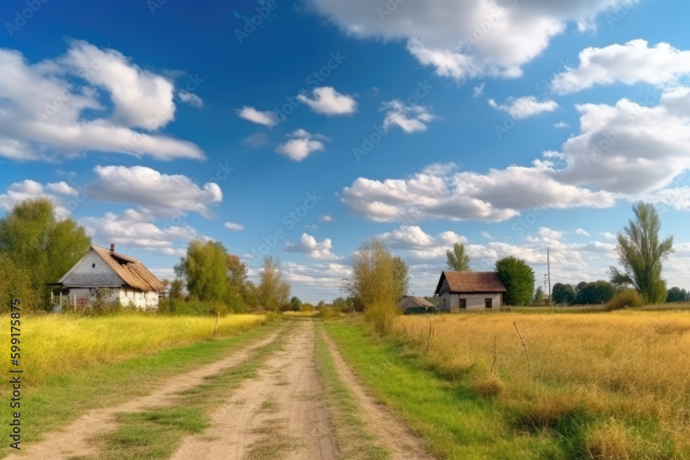Countryside village. Hay fields. Agricultural land. Green and yellow harvest path of farmland meadow with small cottage houses fluffy sky clouds daylight panorama
