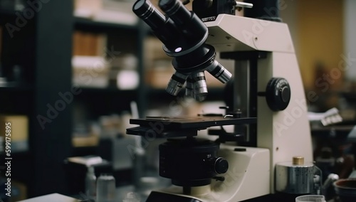 Laboratory scene with a functional scientific microscope