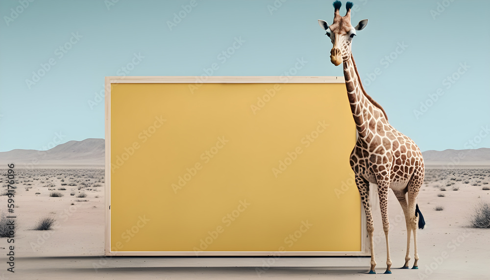 Giraffe with  a bulletin board in the desert
