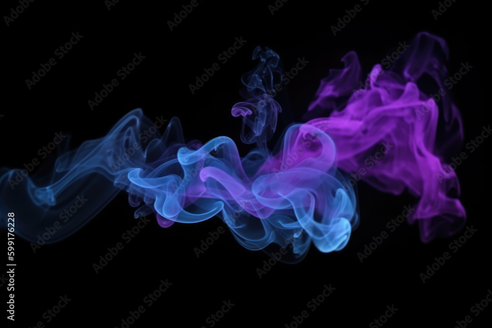 Color mist. Ink water. Haze floating. Magic spell explosion. Blue purple glowing smoke cloud wave on dark black abstract art background Color mist. Ink water. Haze floating. Magic spell explosion. Blue purple glowing smoke cloud wave on dark black abstract art background