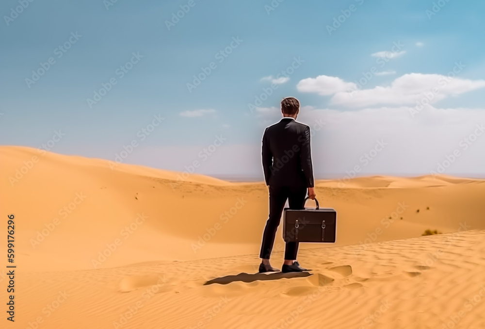 Businessman in a suit and with a briefcase, standing in a dry barren desert looking for business opportunities. Shallow field of view, illustrative generative AI. Not a real person. Businessman in a suit and with a briefcase, standing in a dry barren desert looking for business opportunities. Shallow field of view, illustrative generative AI. Not a real person.