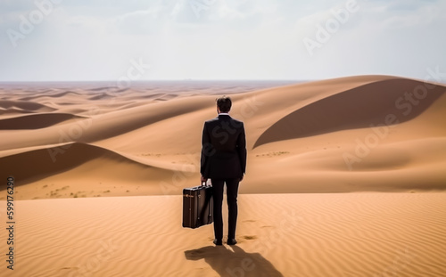 Businessman in a suit and with a briefcase, standing in a dry barren desert looking for business opportunities.  Shallow field of view, illustrative generative AI. Not a real person. © henjon