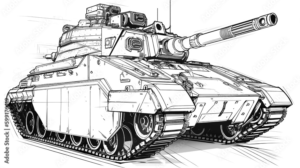 Technical Tank sketches in ink & pencil, capturing iconic war machines. Generative AI