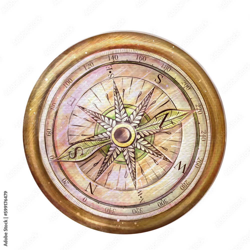 Vintage gold compass watercolor freehand drawing isolate. Hand drawing. Vintage clip art element for design cards, posters, stickers - obrazy, fototapety, plakaty 
