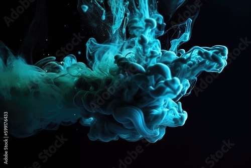 Paint water. Color smoke. Underwater explosion. Blue green glowing glitter fluid splash vapor cloud on dark black abstract art background