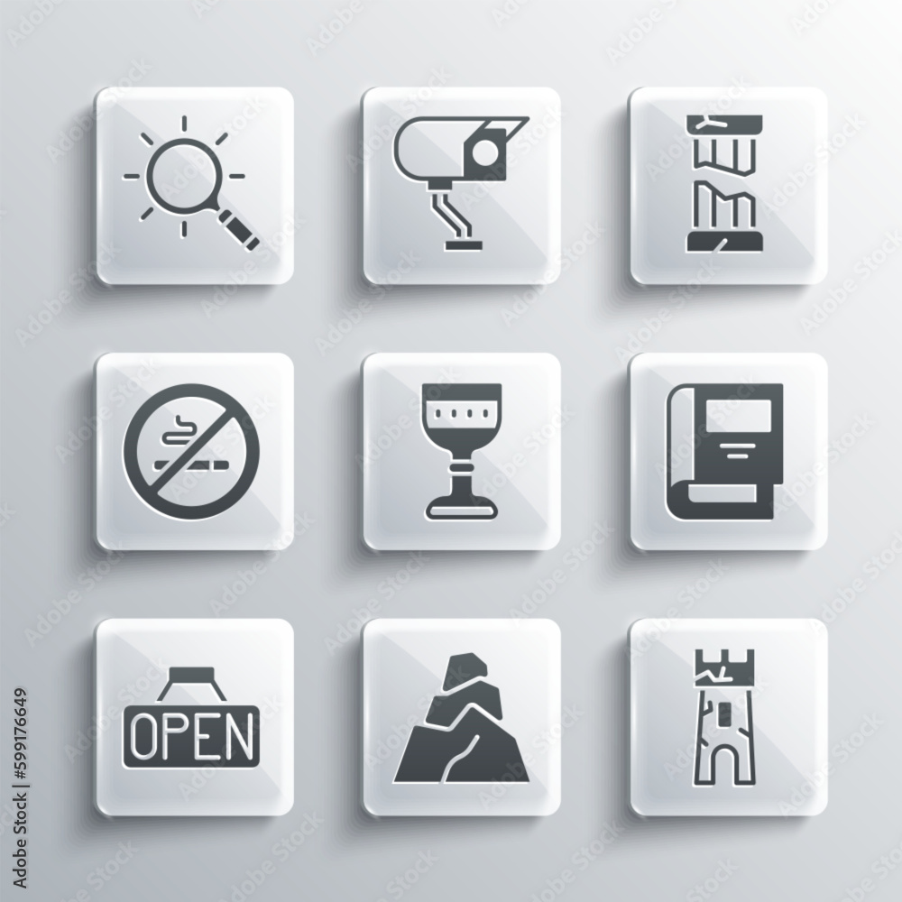 Set Rock stones, Castle tower, History book, Medieval goblet, Hanging sign with Open, No Smoking, Magnifying glass and Broken ancient column icon. Vector Set Rock stones, Castle tower, History book, Medieval goblet, Hanging sign with Open, No Smoking, Magnifying glass and Broken ancient column icon. Vector