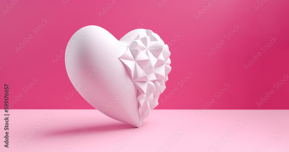 A stunning work of art, a 3D heart sculpture crafted in white, evoking feelings of serenity and peace on a soft pastel pink background. generative AI.