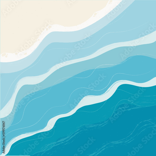 A bird's-eye view of ocean waves reaching the coastline. Beach, sand, seashore with blue waves. Top view of the sea coast. Vector illustrations drawn by hand.