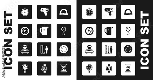 Set Protractor, Measuring cup, Compass, Stopwatch, Hand scale spring mechanical, Digital thermometer, Radius and Scales icon. Vector