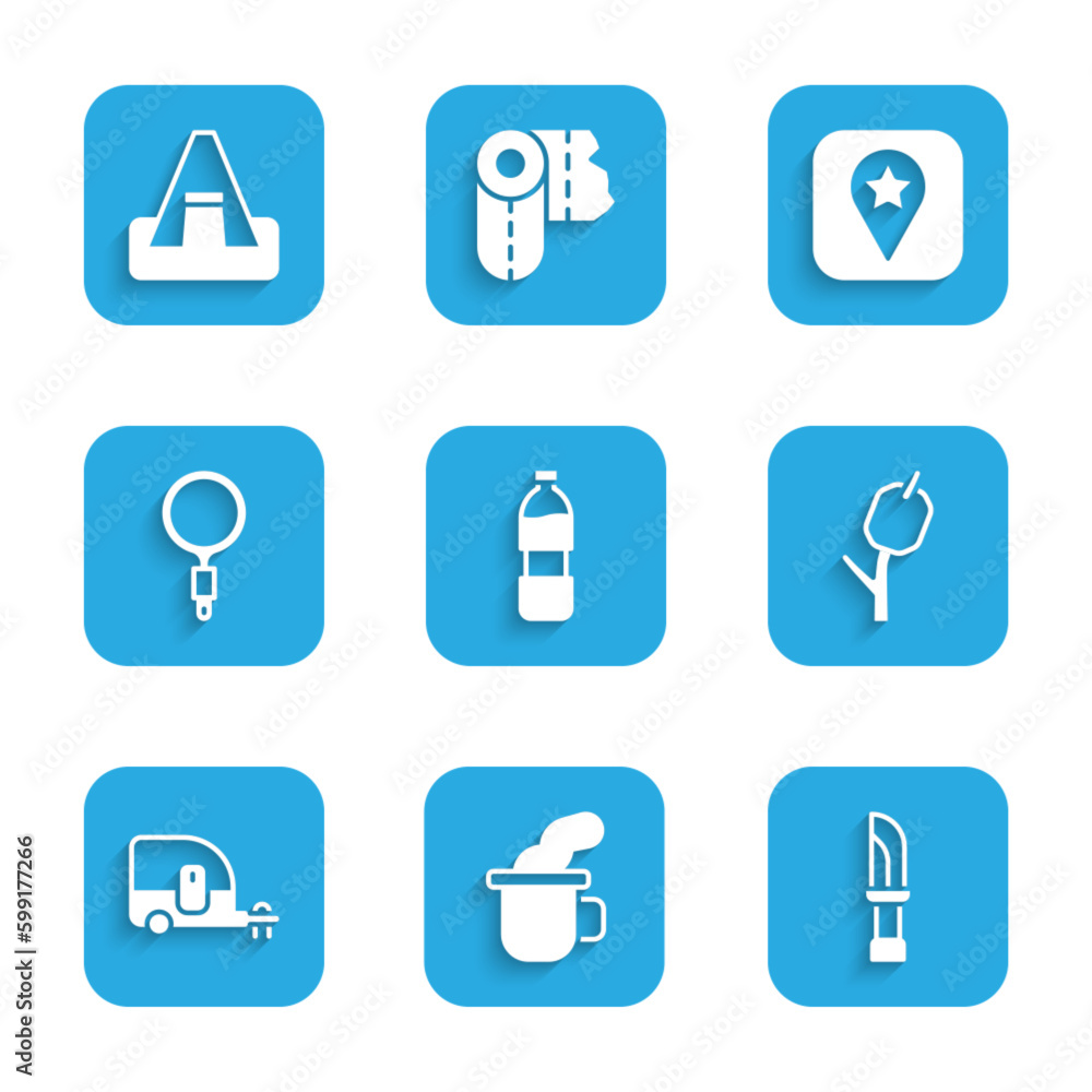 Set Bottle of water, Cup tea, Knife, Marshmallow on stick, Rv Camping trailer, Magnifying glass, Location for camping and Tourist tent icon. Vector Set Bottle of water, Cup tea, Knife, Marshmallow on stick, Rv Camping trailer, Magnifying glass, Location for camping and Tourist tent icon. Vector