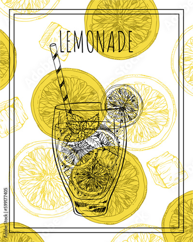 Vector sketch lemonade drink in glass illustration for posters, decoration, logo and print. Hand drawn sketch with lettering and recipe, beverage ingredients. Detailed colorful drawing.