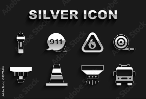 Set Traffic cone, Fire hose reel, truck, sprinkler system, Smoke alarm, flame triangle, Flashlight and Emergency call 911 icon. Vector