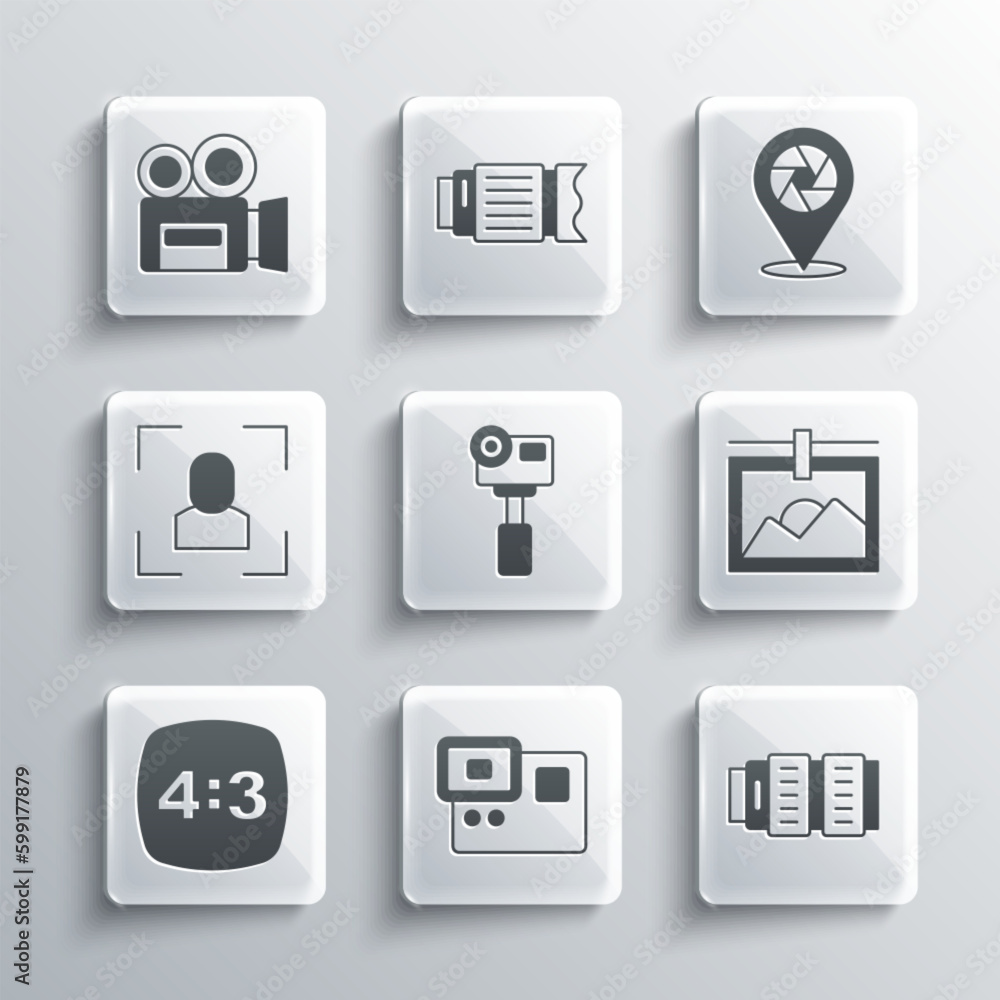 Set Action extreme camera, Camera photo lens, Photo frame, 4, focus line, Retro cinema and shutter icon. Vector Set Action extreme camera, Camera photo lens, Photo frame, 4, focus line, Retro cinema and shutter icon. Vector