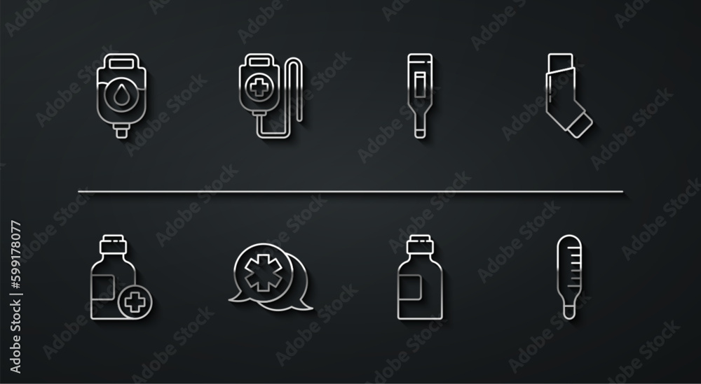 Set line IV bag, Bottle of medicine syrup, Inhaler, Dialogue with the doctor, Medical thermometer and digital icon. Vector Set line IV bag, Bottle of medicine syrup, Inhaler, Dialogue with the doctor, Medical thermometer and digital icon. Vector