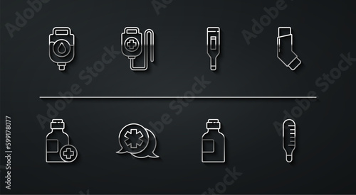 Set line IV bag, Bottle of medicine syrup, Inhaler, Dialogue with the doctor, Medical thermometer and digital icon. Vector