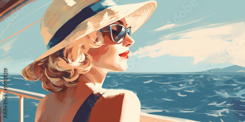 Cruise holiday, illustration of elegant woman portrait on cruise ship deck. Generative AI