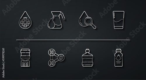 Set line Defrosting, Water cooler, Glass with water, Big bottle clean, Chemical formula for H2O, Jug glass, Bottle of and Drop and magnifying icon. Vector