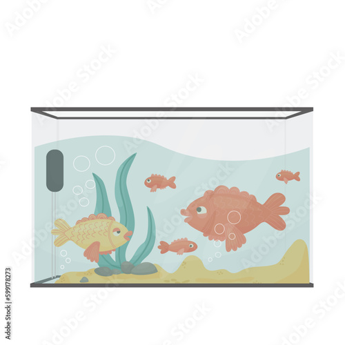 Home Aquarium with fishes. Fish tank. Vector cartoon illustration.