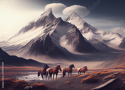 Galloping Horses  A Captivating Scene of a Horse Herd Threading Through Mountains of Snow  Set Against the Grandeur of Beautiful Mountain Scenery