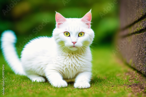 Beautiful cat with green eyes on the background of green leaves. Generative AI