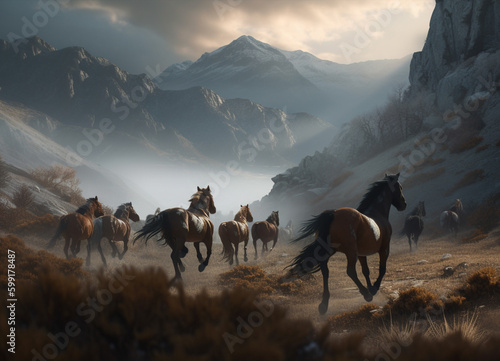 Galloping Horses: A Captivating Scene of a Horse Herd Threading Through Mountains of Snow, Set Against the Grandeur of Beautiful Mountain Scenery © Musashi_Collection