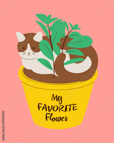 A cute cat with brown spots lies with a deadpan look in a pot with an indoor flower. Flat design style. Vector illustration.
