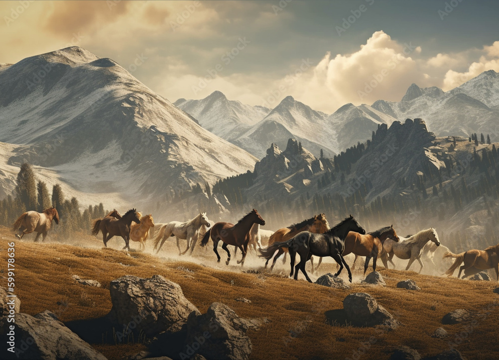 Galloping Horses: A Captivating Scene of a Horse Herd Threading Through Mountains of Snow, Set Against the Grandeur of Beautiful Mountain Scenery Galloping Horses: A Captivating Scene of a Horse Herd Threading Through Mountains of Snow, Set Against the Grandeur of Beautiful Mountain Scenery