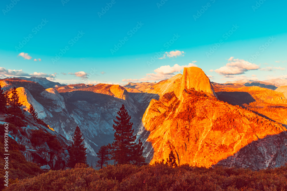 Glacier Point and Half Dome in Yosemite National Park USA at Sunset