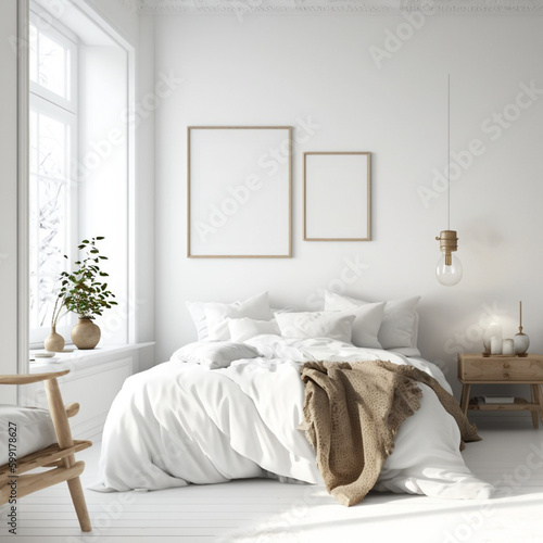 A bedroom with a white wall and a white bed with a blanket on it modern interior Generative AI © Ekaterina