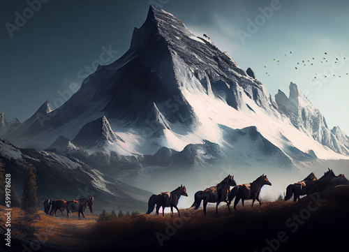 Galloping Horses  A Captivating Scene of a Horse Herd Threading Through Mountains of Snow  Set Against the Grandeur of Beautiful Mountain Scenery