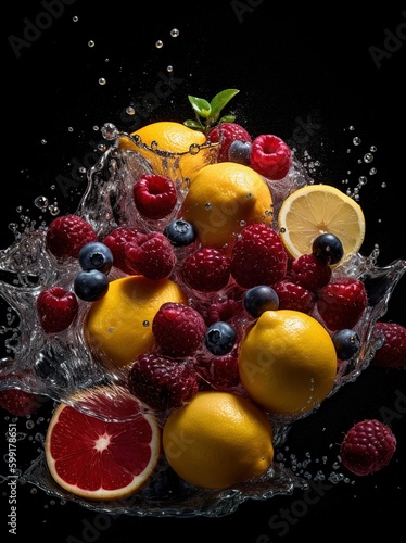 tropical fruits fall deeply under water with a big splash