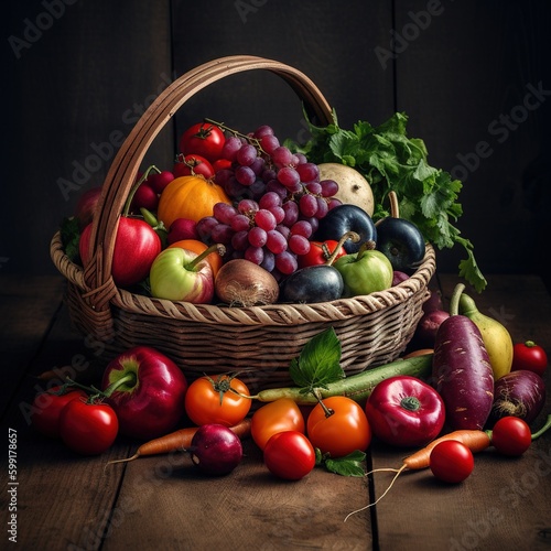 Fresh organic vegetables and fruits in wicker basket