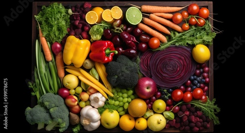 full frame of fresh organic vegetables and fruits  top view