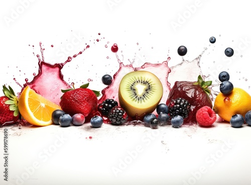 tropical fruits fall deeply in the water in a straight line with a big splash