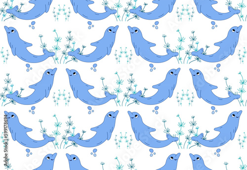 Dolphin and seaweed seamless vector pattern. Sea inhabitants Marine life. Underwater animals.
