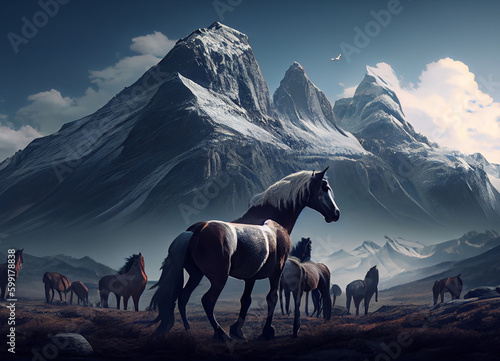 Galloping Horses: A Captivating Scene of a Horse Herd Threading Through Mountains of Snow, Set Against the Grandeur of Beautiful Mountain Scenery © Musashi_Collection