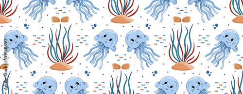 Jellyfish and seaweed seamless vector pattern. Sea inhabitants Marine life. Underwater animals.