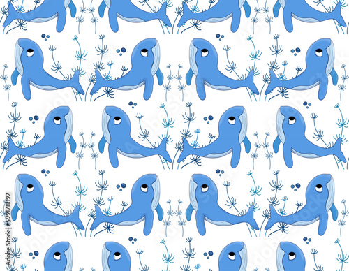 Whale and seaweed seamless vector pattern. Sea inhabitants Marine life. Underwater animals.
