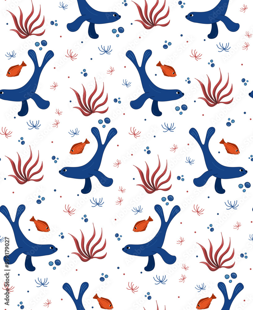 Fototapeta premium Fur seal, red fish, seaweed seamless vector pattern. Sea inhabitants Marine life. Underwater animal.