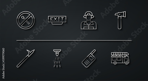 Set line No fire match, Metal pike pole, Firefighter axe, Walkie talkie, sprinkler, exit, truck and icon. Vector